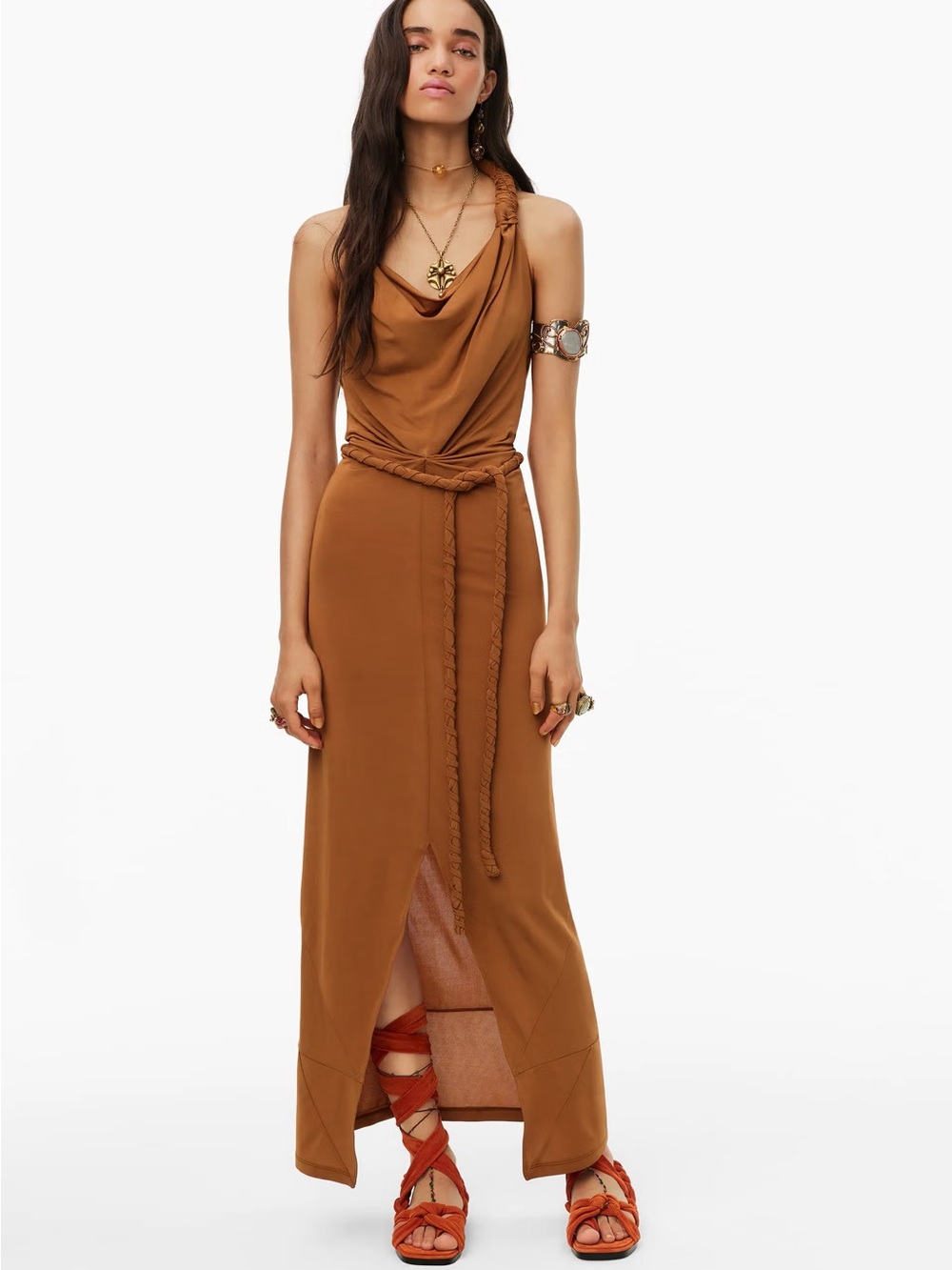 Zara Braided-Belt Cowl Neck Maxi Dress in Cognac